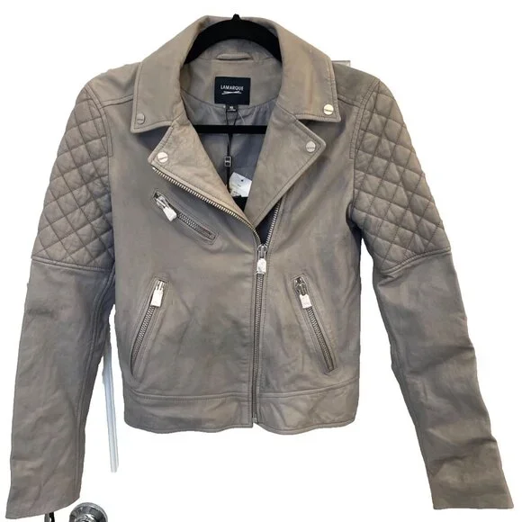 NWT Lamarque Quilted Leather Jacket Marilla Size XS Gravel Grey $675 - Picture 6 of 16